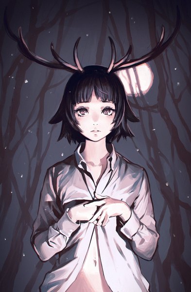 Anime picture 1080x1646 with original ilya kuvshinov single tall image fringe short hair light erotic black hair brown eyes payot looking away upper body blunt bangs long sleeves parted lips horn (horns) lips night bare belly :o