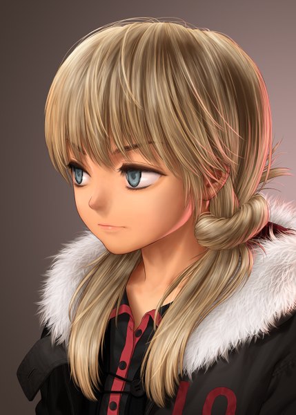 Anime picture 1000x1399 with original rustle single long hair tall image blue eyes blonde hair looking away girl jacket fur