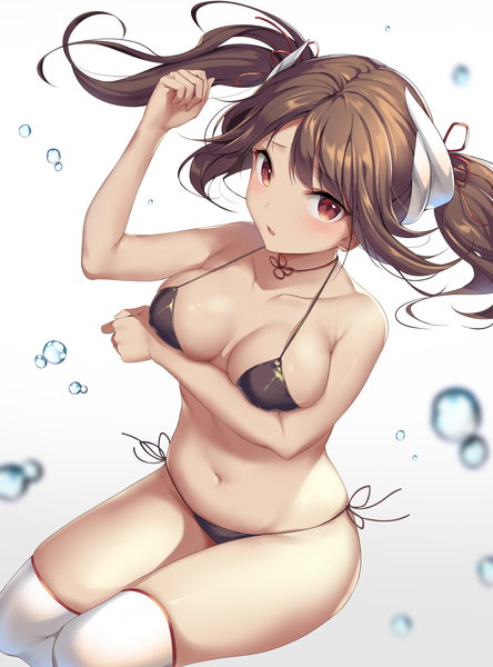 Anime picture 2756x3720 with azur lane haruna (azur lane) ikomochi single long hair tall image looking at viewer blush fringe highres breasts open mouth light erotic simple background red eyes brown hair large breasts twintails bare shoulders payot