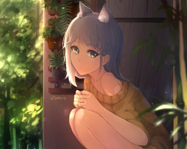 Anime picture 1920x1535 with original osward91 single fringe highres short hair sitting bare shoulders signed animal ears looking away outdoors grey hair sunlight cat ears off shoulder bare legs cat girl silver eyes girl
