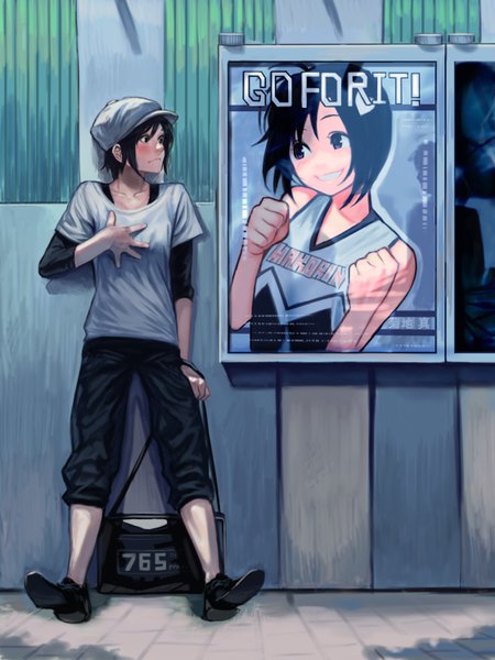 Anime picture 1120x1493 with original ibuki397 tall image blush short hair black hair purple eyes bare shoulders brown eyes looking away inscription hand on chest against wall product placement girl boots pants t-shirt school bag flat cap