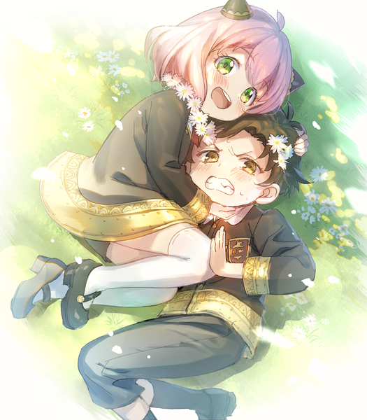 Anime picture 2800x3200 with spy x family anya (spy x family) damian desmond nyan5000g tall image blush highres short hair open mouth brown hair green eyes yellow eyes pink hair ahoge outdoors lying :d on side sweatdrop clenched teeth