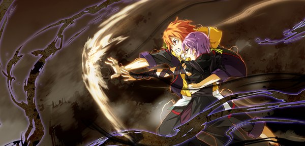 Anime picture 2250x1080 with soushuu senshinkan gakuen hachimyoujin g yuusuke highres short hair red eyes wide image game cg purple hair orange hair couple hug magic girl boy