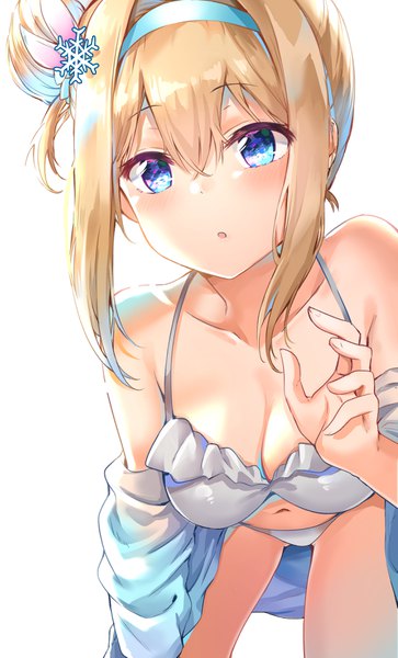 Anime picture 2241x3703 with girls frontline suomi kp31 (girls frontline) nyung single long hair tall image looking at viewer blush fringe highres breasts open mouth blue eyes light erotic simple background blonde hair hair between eyes large breasts payot cleavage