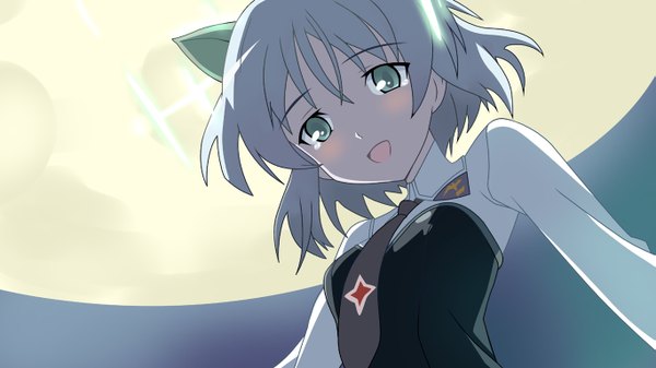 Anime picture 1365x768 with strike witches sanya v. litvyak wide image animal ears silver hair cat ears tears vector uniform necktie moon