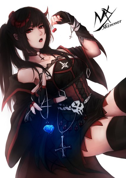 Anime picture 1116x1578 with original shimmer single long hair tall image looking at viewer fringe open mouth black hair simple background red eyes white background holding signed ponytail horn (horns) fingernails wide sleeves fang (fangs) hair over shoulder