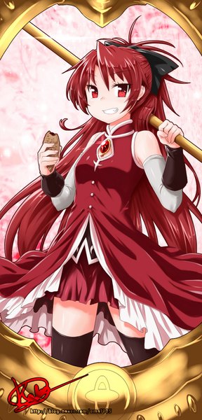 Anime picture 874x1818 with mahou shoujo madoka magica shaft (studio) sakura kyouko kaho single long hair tall image looking at viewer smile red eyes ponytail red hair magical girl girl thighhighs dress bow black thighhighs hair bow food