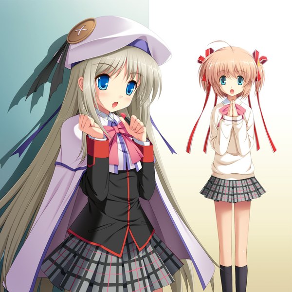 Anime picture 1000x1000 with little busters! key (studio) noumi kudryavka kamikita komari cygnus (artist) long hair blush short hair open mouth blue eyes blonde hair multiple girls white hair two side up girl skirt uniform ribbon (ribbons) 2 girls hair ribbon