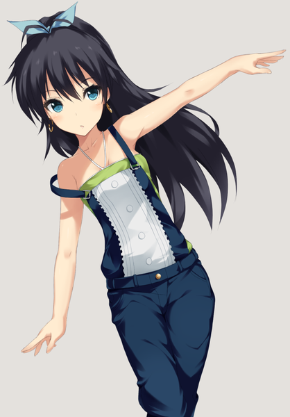 Anime picture 728x1044 with idolmaster ganaha hibiki okino ryuuto single long hair tall image looking at viewer blue eyes black hair simple background standing grey background loli leaning strap slip girl bow hair bow earrings overalls