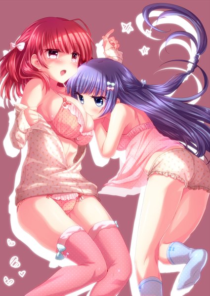 Anime picture 1074x1517 with original alfred long hair tall image blush short hair breasts open mouth blue eyes light erotic red eyes large breasts multiple girls blue hair red hair shoujo ai girl thighhighs underwear panties