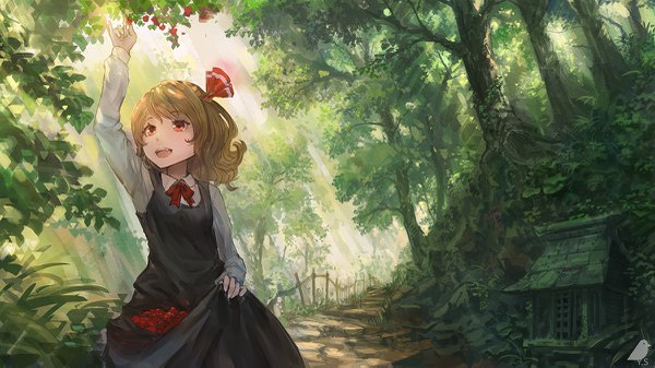 Anime-Bild 1200x675 mit touhou rumia you shimizu single fringe short hair open mouth blonde hair red eyes wide image arm up outstretched arm looking up girl dress skirt bow plant (plants) hair bow tree (trees)