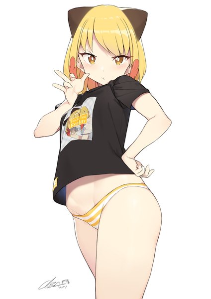 Anime picture 2480x3508 with original blonde girl (cloba) cloba single tall image looking at viewer fringe highres short hair light erotic simple background blonde hair white background signed yellow eyes censored from below hand on hip :t girl