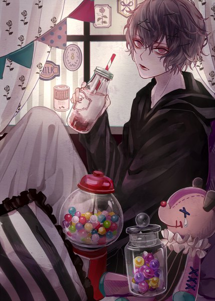 Anime picture 1000x1398 with original sira tamaooo single tall image looking at viewer fringe short hair hair between eyes red eyes sitting holding indoors grey hair under covers boy food window sweets pillow hood