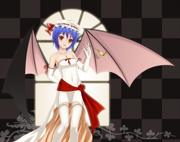 Anime picture 2200x1741 with touhou remilia scarlet midnight (artist) highres short hair red eyes blue hair checkered checkered background girl thighhighs dress gloves white thighhighs wings elbow gloves clock pocket watch