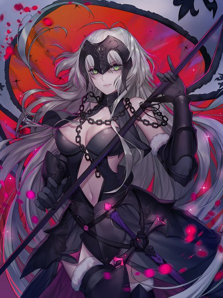 Anime picture 1181x1575 with fate (series) fate/grand order jeanne d'arc (fate) (all) jeanne d'arc alter (fate) jeanne d'arc alter (avenger) (third ascension) (fate) hayanpool single long hair tall image looking at viewer fringe breasts light erotic hair between eyes standing bare shoulders holding green eyes cleavage silver hair