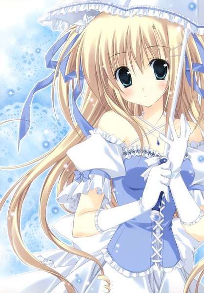 Anime picture 2432x3488 with original korie riko single long hair tall image looking at viewer blush highres blue eyes blonde hair scan girl dress gloves ribbon (ribbons) hair ribbon umbrella