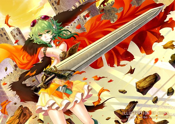 Anime picture 1000x707 with vocaloid gumi stells single looking at viewer fringe short hair smile green eyes sky cloud (clouds) green hair wind torn clothes goggles on head broken detailed torn girl skirt