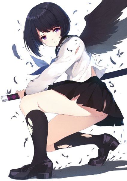 Anime picture 900x1272 with original caidychen single tall image looking at viewer fringe short hair light erotic black hair simple background white background purple eyes holding full body bent knee (knees) long sleeves pleated skirt shadow torn clothes squat