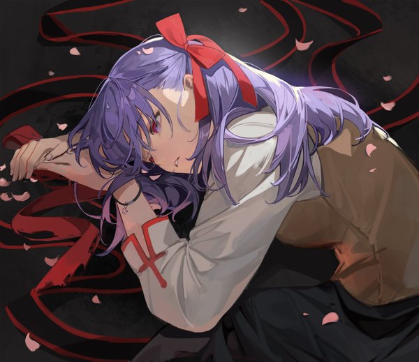 Anime picture 3000x2597 with fate (series) fate/stay night heaven's feel matou sakura chyoel single long hair fringe highres hair between eyes red eyes looking away purple hair lying parted lips on side girl uniform ribbon (ribbons) hair ribbon