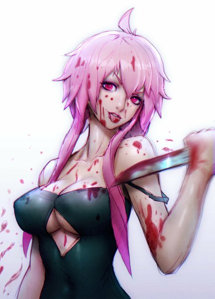 Anime picture 600x833 with mirai nikki gasai yuno paul (shiramune) single long hair tall image looking at viewer fringe breasts light erotic simple background bare shoulders pink hair pink eyes lips realistic blood on face girl tongue blood