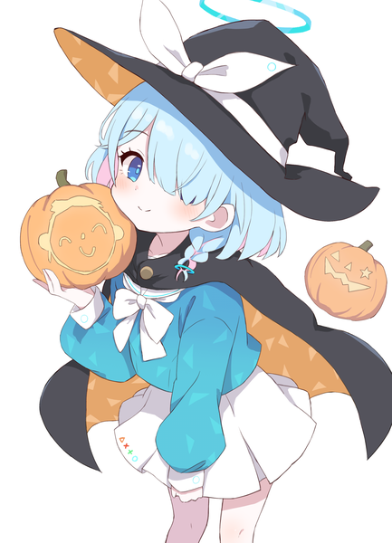 Anime picture 2086x2889 with blue archive sensei (blue archive) arona (blue archive) doodle sensei (blue archive) yukisiannn single tall image looking at viewer blush fringe highres short hair blue eyes simple background smile white background blue hair hair over one eye loli halloween