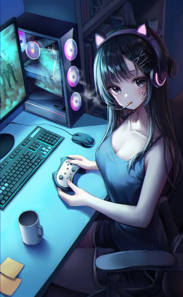 Anime picture 2584x4187 with original starlime single long hair tall image looking at viewer fringe highres breasts black hair sitting holding cleavage indoors from above black eyes sleeveless mouth hold turning head facial mark