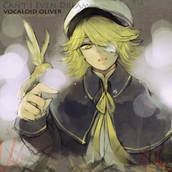 Anime picture 1200x1200 with vocaloid oliver james (vocaloid) boyer single short hair open mouth blonde hair yellow eyes inscription bandage over one eye boy animal bird (birds) bandage (bandages) sailor suit sailor hat