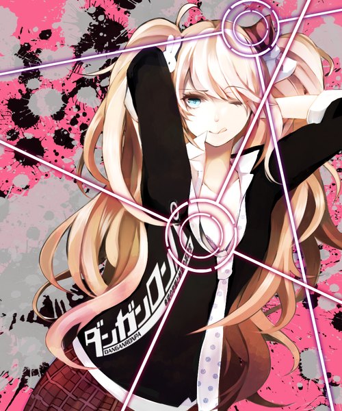Anime picture 1000x1200 with dangan ronpa enoshima junko haru (haru2079) single long hair tall image looking at viewer fringe blonde hair twintails one eye closed aqua eyes wink inscription arms up glowing hieroglyph plaid skirt arms behind head open collar