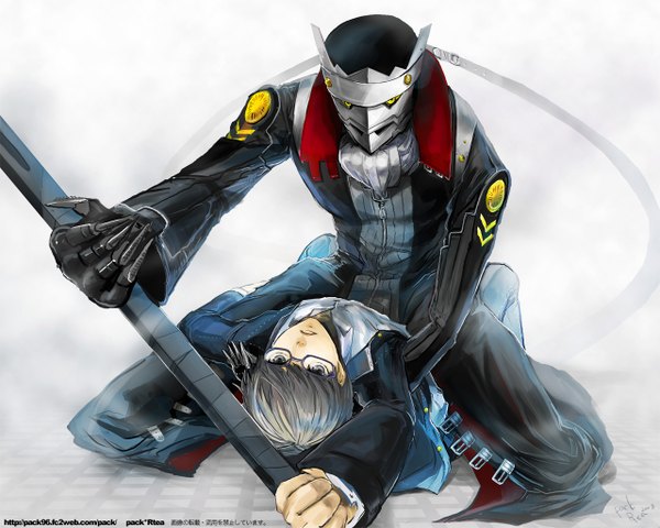 Anime picture 1280x1024 with persona 4 persona narukami yuu seta souji izanagi maguchimo short hair sitting signed yellow eyes lying grey hair on back grey eyes hug boy uniform weapon school uniform sword