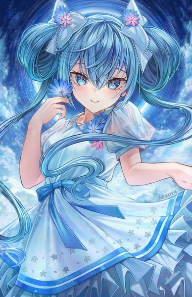 Anime picture 3300x5100 with ongeki suzushima arisu nekodayo22 single long hair tall image looking at viewer blush fringe highres blue eyes smile hair between eyes signed blue hair absurdres sky cloud (clouds) upper body arm up