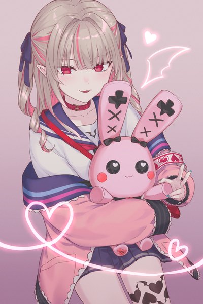 Anime picture 2000x3000 with virtual youtuber nijisanji makaino ririmu makaino ririmu (4th costume) orchis ai single long hair tall image fringe highres simple background blonde hair red eyes blunt bangs nail polish multicolored hair pointy ears off shoulder grey background tattoo