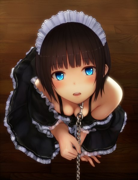 Anime picture 1000x1303 with original 96tuki single tall image looking at viewer blush short hair breasts open mouth blue eyes light erotic black hair brown hair sitting bare shoulders aqua eyes maid shiny skin shiny girl