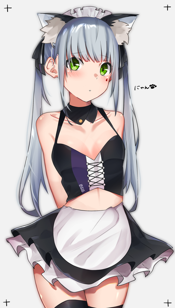 Anime picture 1600x2800 with girls frontline hk416 (girls frontline) rairaisama single long hair tall image looking at viewer blush fringe breasts light erotic simple background hair between eyes standing twintails bare shoulders green eyes animal ears payot cleavage