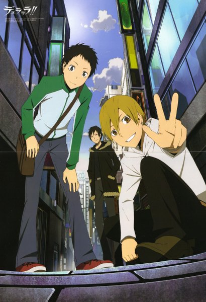 Anime picture 3413x4997 with durarara!! brains base (studio) orihara izaya kida masaomi ryuugamine mikado tall image highres short hair black hair blonde hair smile brown eyes absurdres sky cloud (clouds) scan official art grey eyes city victory