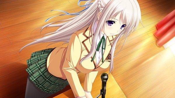 Anime picture 1280x720 with hatsukoi 1/1 makabe midori koizumi amane long hair wide image purple eyes game cg white hair girl uniform school uniform microphone