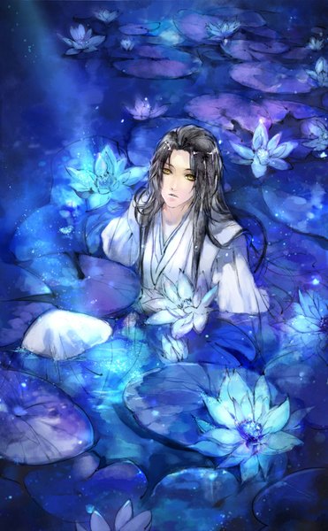 Anime picture 730x1181 with original kei shu (artist) single long hair tall image black hair sitting yellow eyes traditional clothes boy flower (flowers) water water lily
