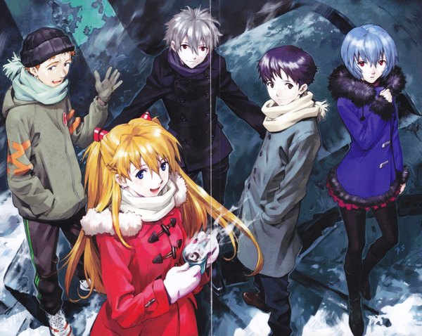 Anime picture 3540x2822 with neon genesis evangelion gainax soryu asuka langley ayanami rei ikari shinji nagisa kaworu suzuhara touji sadamoto yoshiyuki long hair looking at viewer fringe highres short hair open mouth blue eyes smile red eyes multiple girls blue hair absurdres