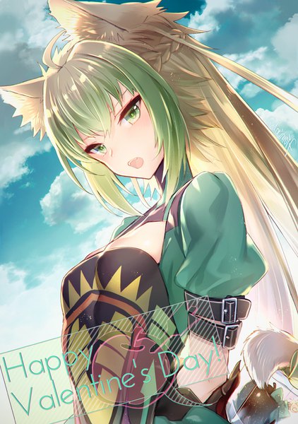 Anime-Bild 704x1000 mit fate (series) fate/grand order fate/apocrypha atalanta (fate) miyuki ruria single long hair tall image blush fringe breasts blonde hair hair between eyes holding green eyes animal ears sky cloud (clouds) upper body outdoors