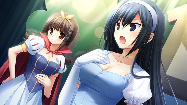 Anime picture 1920x1080 with with ribbon takamizawa saran makiya kasumi long hair highres open mouth blue eyes black hair red eyes brown hair wide image multiple girls game cg girl 2 girls