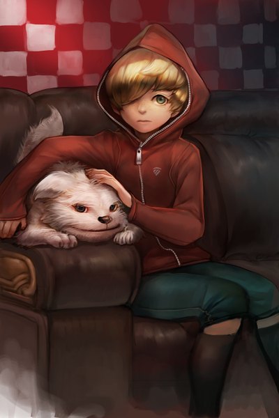 Anime picture 2000x3000 with original gd choco tall image fringe highres short hair blonde hair sitting green eyes hair over one eye realistic checkered background boy animal hood couch dog
