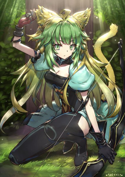 Anime picture 1131x1600 with fate (series) fate/grand order fate/apocrypha atalanta (fate) tansan daisuki single long hair tall image looking at viewer fringe breasts blonde hair holding green eyes animal ears payot cleavage full body outdoors tail