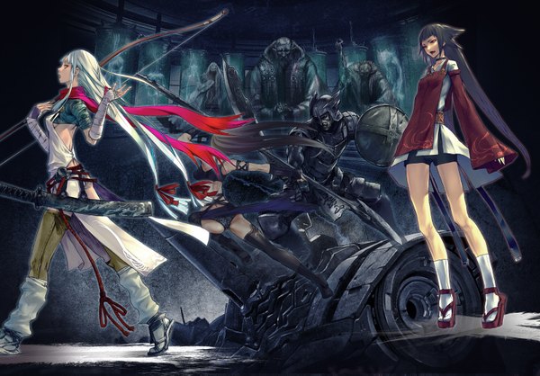 Anime picture 1600x1117 with original redjuice long hair open mouth black hair smile red eyes multiple girls looking away white hair high heels walking fighting stance smirk warrior archery cyberpunk girl boy bow