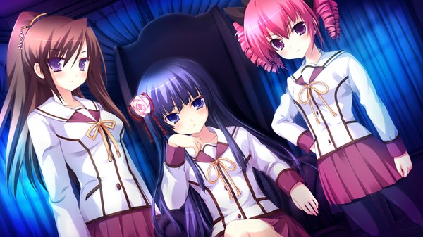 Anime picture 1920x1080 with hyper highspeed genius shiguresato himeno patricia lancaster tojoin kyoka miyasu risa yukiwo long hair highres short hair blue eyes black hair red eyes brown hair wide image purple eyes multiple girls pink hair game cg hair flower drill hair