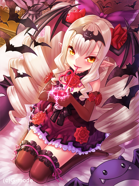 Anime picture 900x1200 with yapo (croquis side) tall image looking at viewer blush fringe open mouth sitting twintails yellow eyes silver hair bent knee (knees) very long hair hair flower pointy ears teeth fang (fangs) no shoes kneeling drill hair bat wings