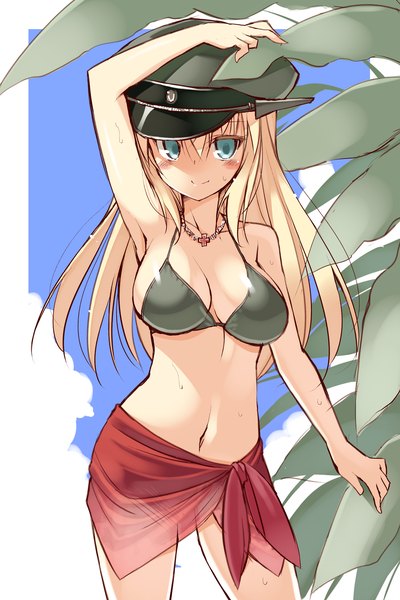 Anime picture 1280x1916 with kantai collection bismarck battleship oota yuuichi single long hair tall image looking at viewer blush breasts light erotic blonde hair smile bare belly wet border girl navel swimsuit bikini leaf (leaves)