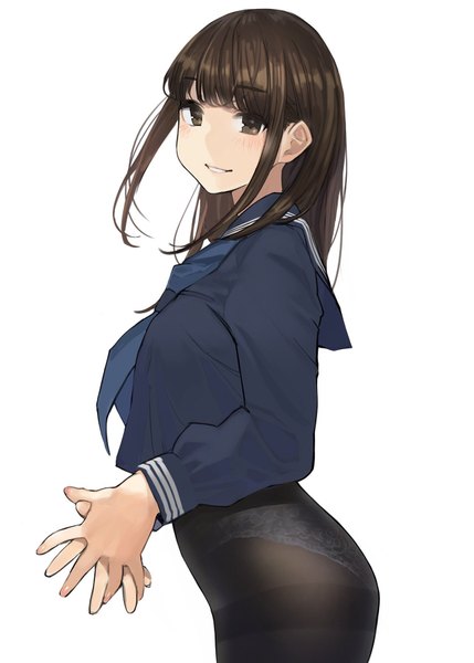 Anime picture 1287x1800 with original yomu (sgt epper) single long hair tall image looking at viewer blush fringe breasts light erotic simple background smile brown hair standing white background brown eyes upper body blunt bangs long sleeves parted lips