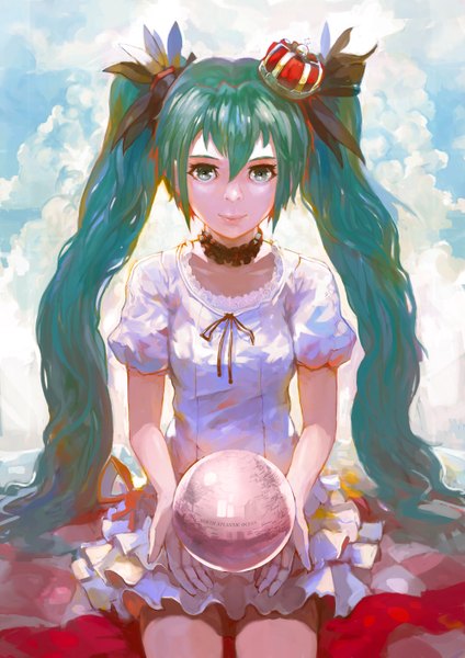 Anime picture 1000x1414 with vocaloid hatsune miku alchemaniac single long hair tall image looking at viewer sitting twintails sky cloud (clouds) aqua hair grey eyes girl dress choker frills white dress crown ball