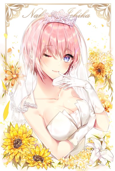 Anime picture 1594x2362 with go-toubun no hanayome nakano ichika taya oco single tall image looking at viewer blush fringe short hair blue eyes hair between eyes bare shoulders pink hair cleavage upper body one eye closed light smile wink character names finger to mouth