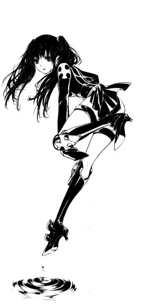 Anime picture 650x1340 with d.gray-man lenalee lee abararack single long hair tall image simple background white background twintails bent knee (knees) parted lips high heels leaning leaning forward sleeves past wrists monochrome ripples girl boots belt