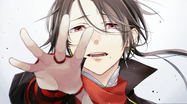 Anime picture 888x494 with touken ranbu nitroplus kashuu kiyomitsu tori nouzome single long hair looking at viewer fringe open mouth simple background hair between eyes red eyes brown hair wide image white background upper body mole floating hair face outstretched hand